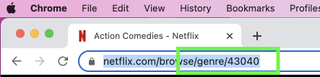 A Netflix URL in Chrome with the suffix of the URL highlighted done showing the part you put in to activate a netflix secret search codes