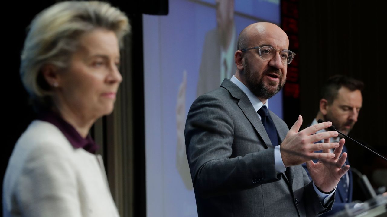 European Commission President Ursula von der Leyen and European Council President Charles Michel address reporters in Brussels