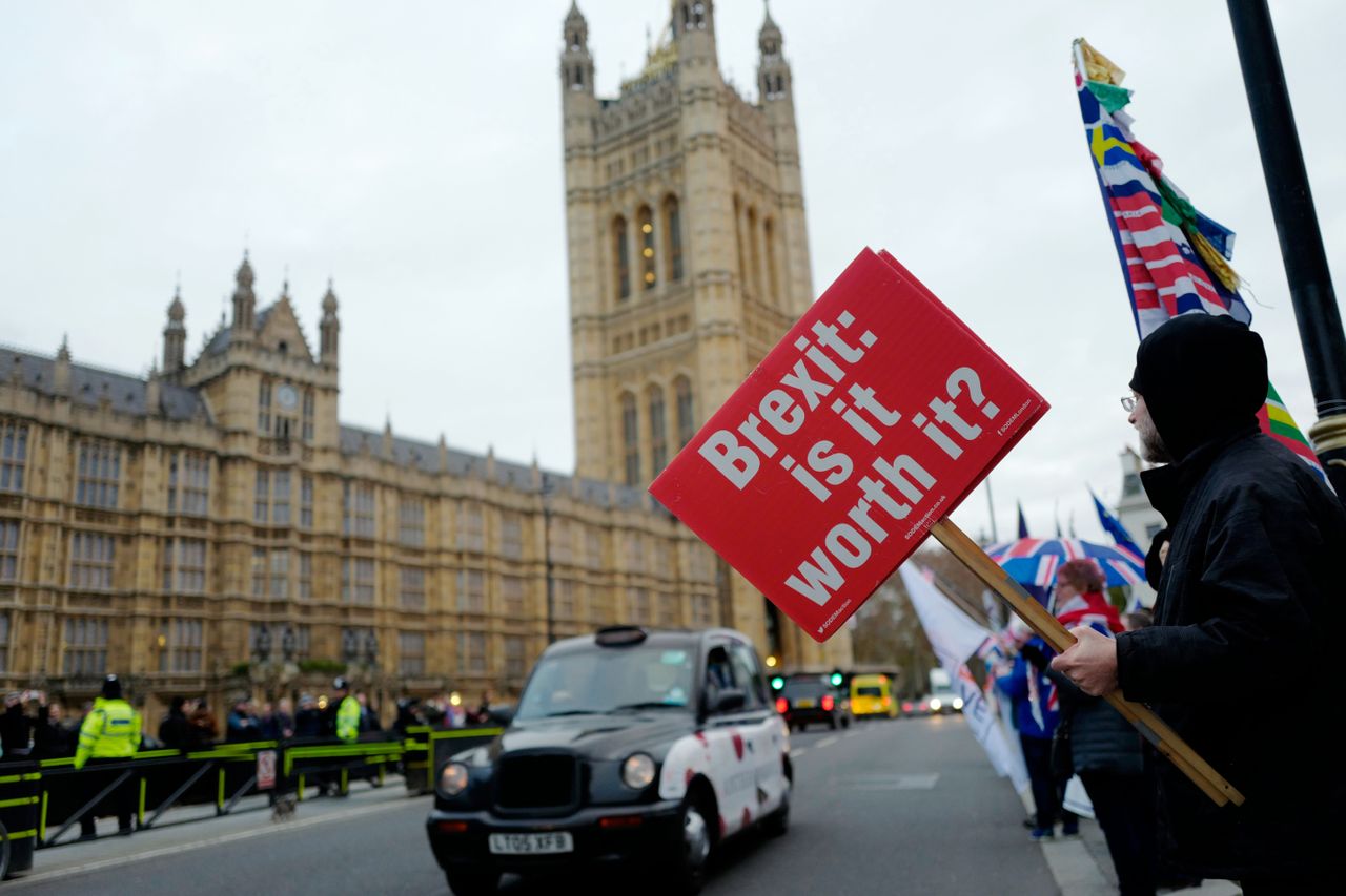 A Brexit protester outside Parliament