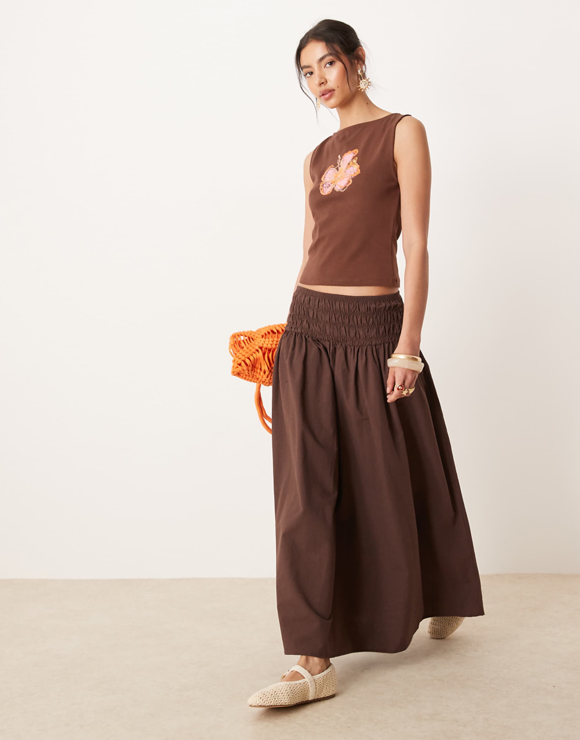Asos Design Shirred Waist Maxi Skirt in Chocolate