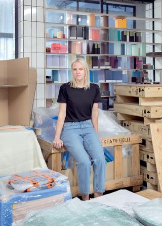 Sabine Marcelis amid materials and works in progress in her Rotterdam studio, as seen in the March 2017 issue of Wallpaper*.