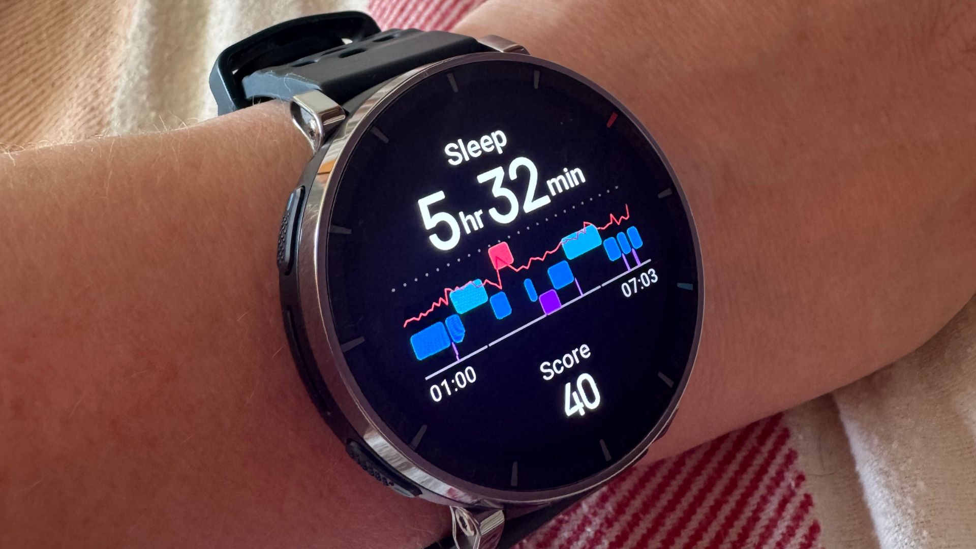 Writer Heidi Scrimgeour wearing the Amazfit Active 3 Premium smartwatch to track her sleep