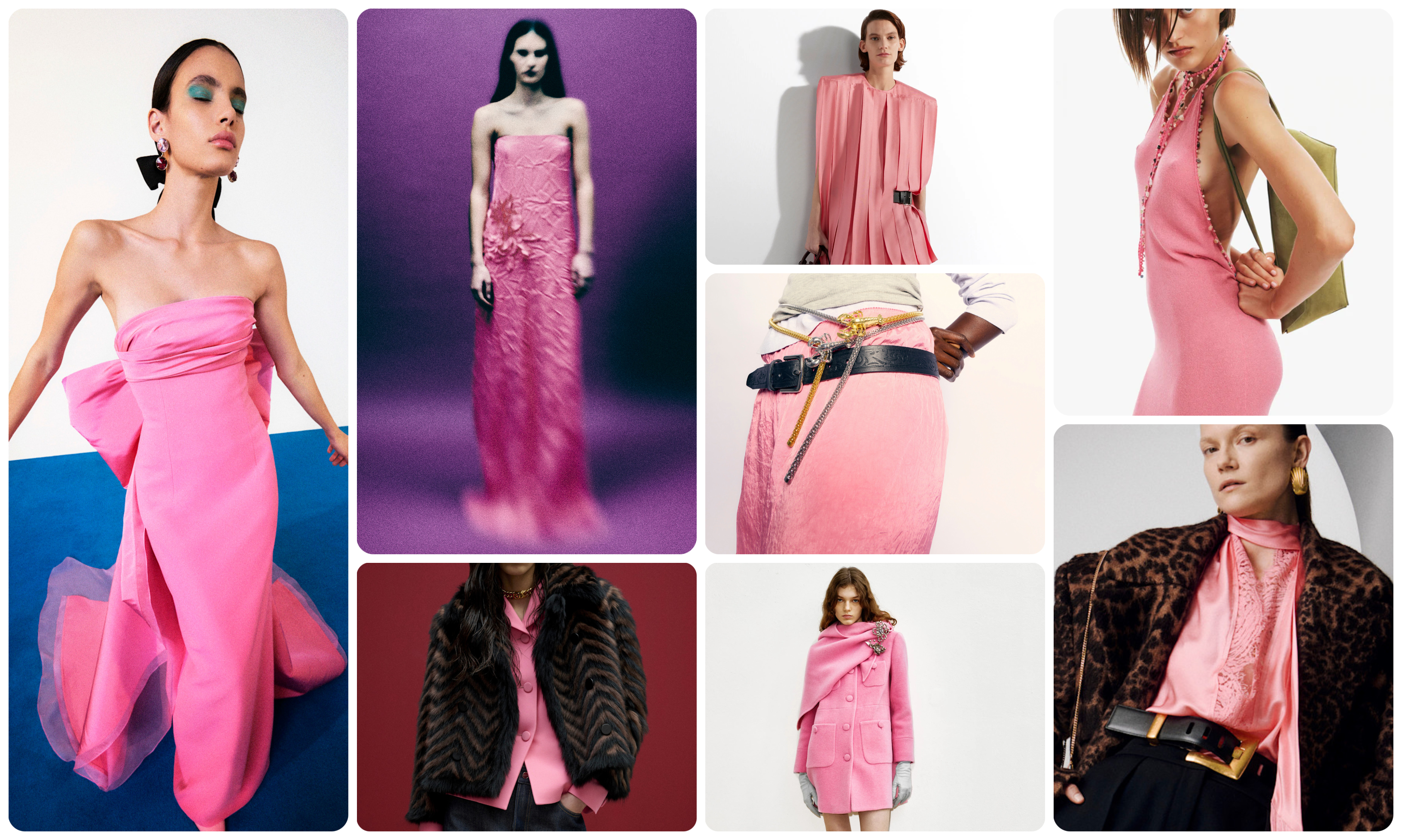 the bubble gum pink color trend at Carolina Herrera, Erdem, Gucci, Stella McCartney, tibi, No.21, Christopher Esber, and Balmain at Pre-Fall 2025