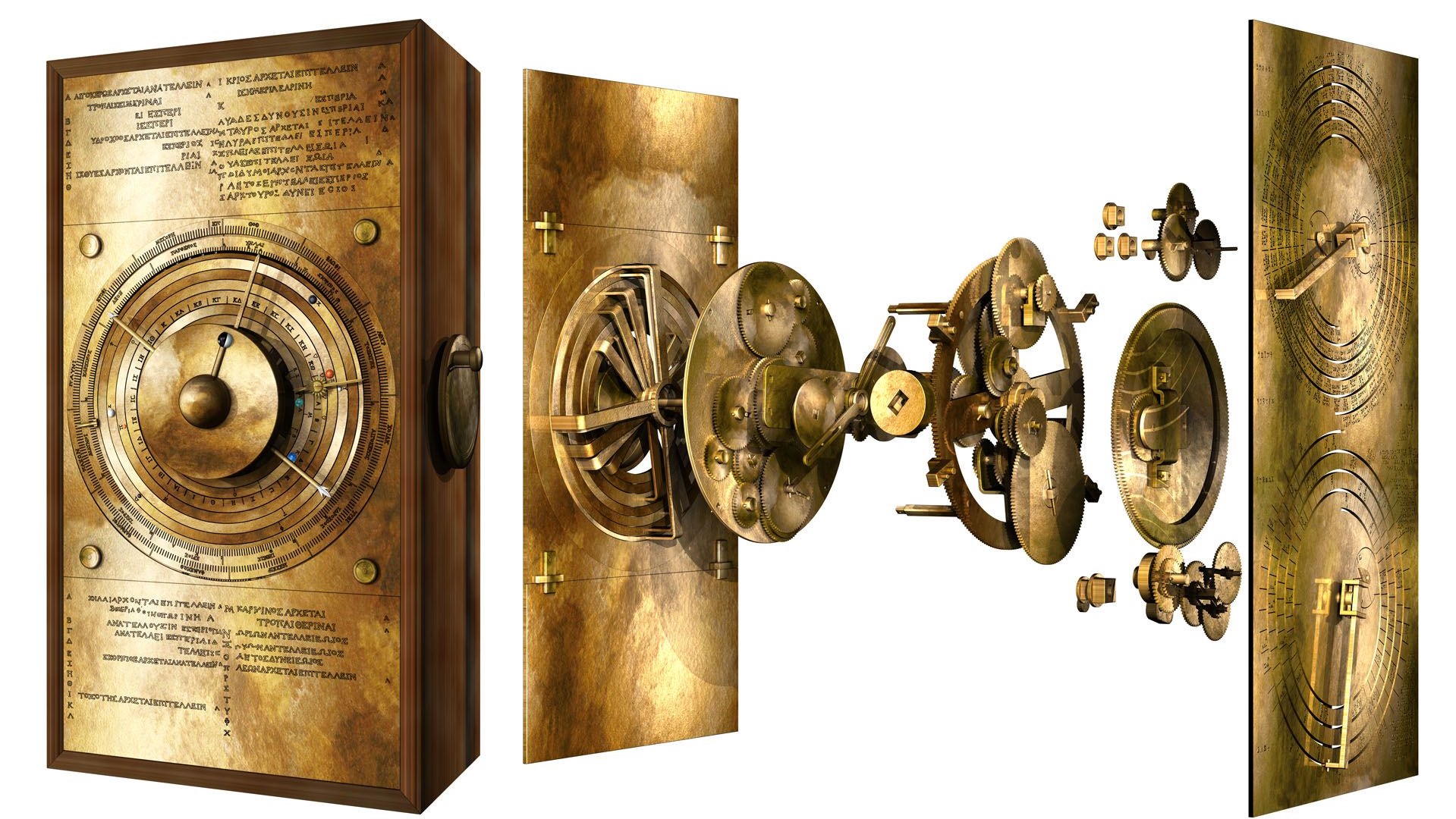 An 'exploded' view of the Antikythera mechanism.