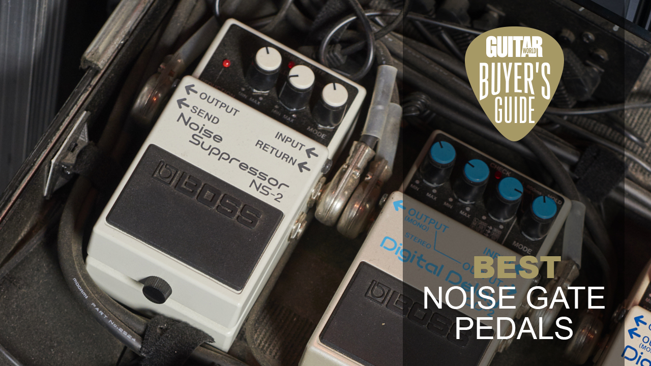 A Boss NS-2 noise gate pedal on a pedalboard
