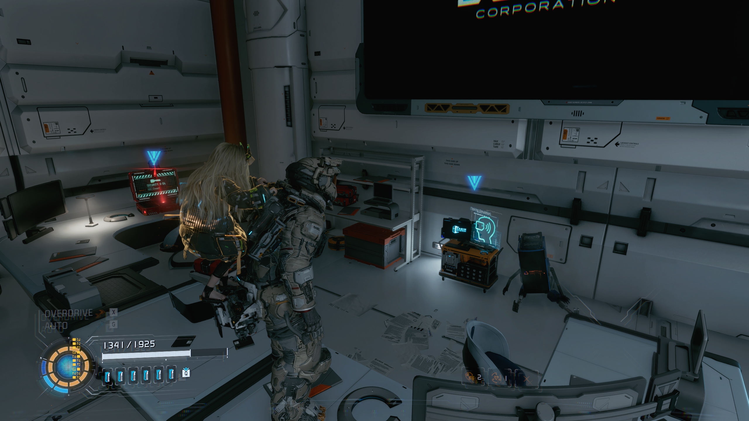 Pragmata Red Zone Gate Keys: A player looking at a Red Gate Key laptop behind a desk.