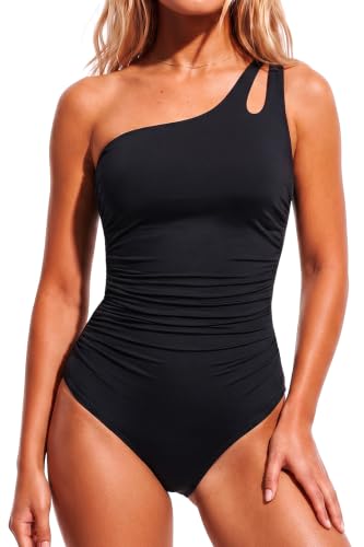 Holipick One Shoulder One Piece Swimsuit for Women Tummy Control Bathing Suits Modest Full Coverage Keyhole Swimwear Black
