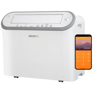 white dehumidifier with image of phone app next to it