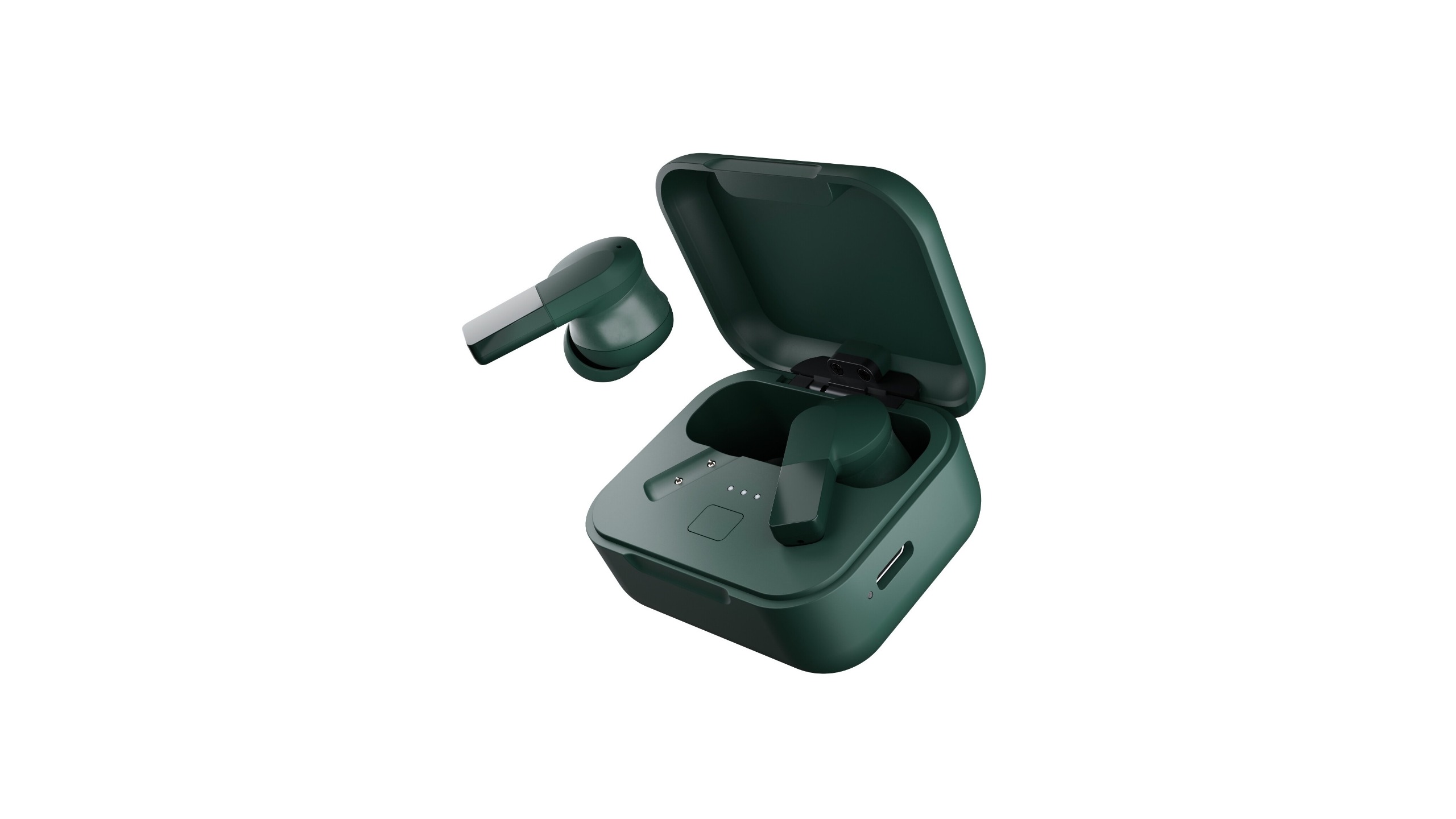 The Fairbuds 2 wireless earbuds in Forest Green with their charging case on a white background.