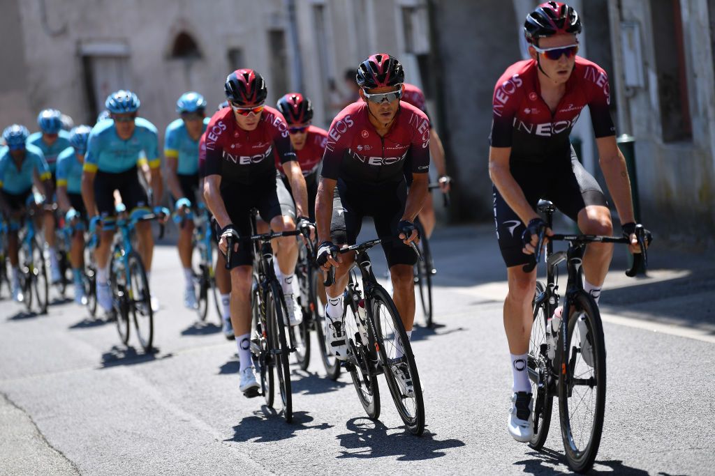 BEZIERS FRANCE AUGUST 01 Tao Geoghegan Hart of The United Kingdom and Team Ineos Andrey Amador Bikkazakova of Costa Rica and Team Ineos Christopher Froome of The United Kingdom and Team Ineos during the 44th La Route dOccitanie La Depeche du Midi 2020 Stage 1 a 187km stage from Saint Affrique to Cazouls ls Bziers RouteOccitanie RDO2020 on August 01 2020 in Beziers France Photo by Justin SetterfieldGetty Images