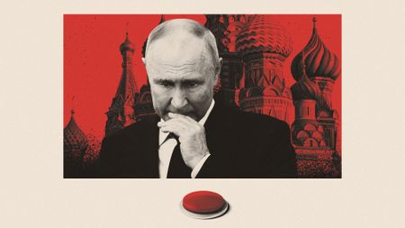 Illustration of Vladimir Putin considering a red launch button