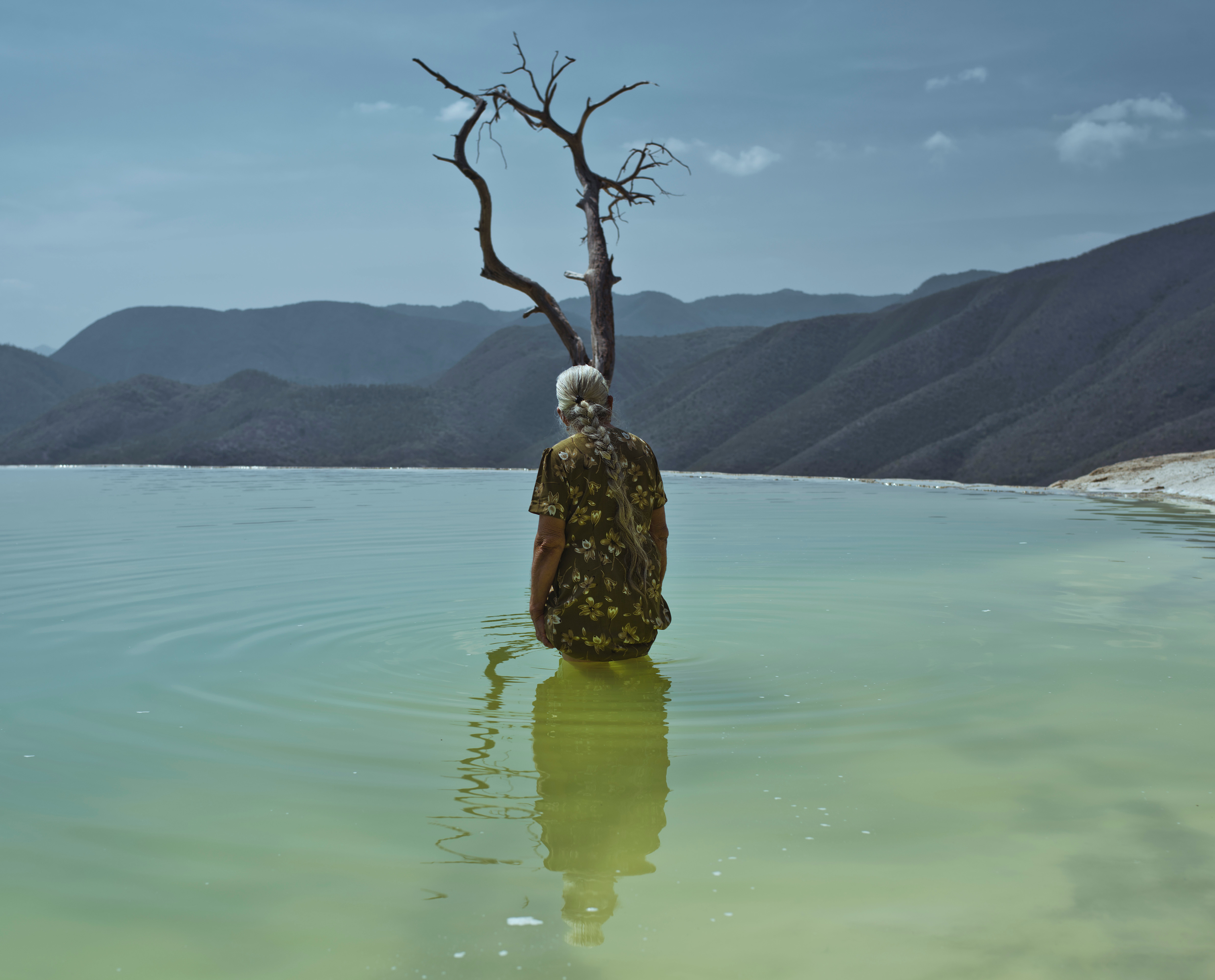 Color photograph of the back of a grey-haired individual stood in the middle of a green body of waterlooking out to the surroundings.