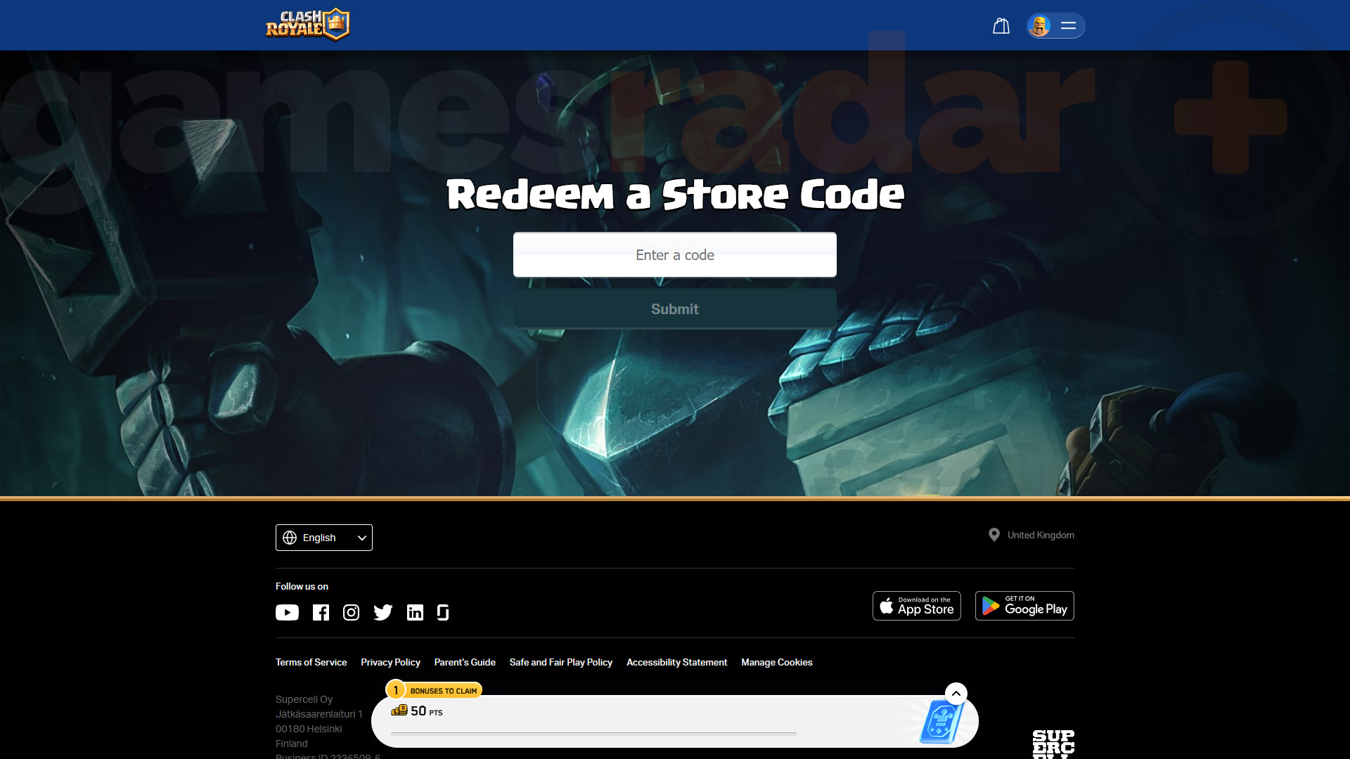The website to redeem Clash Royale codes