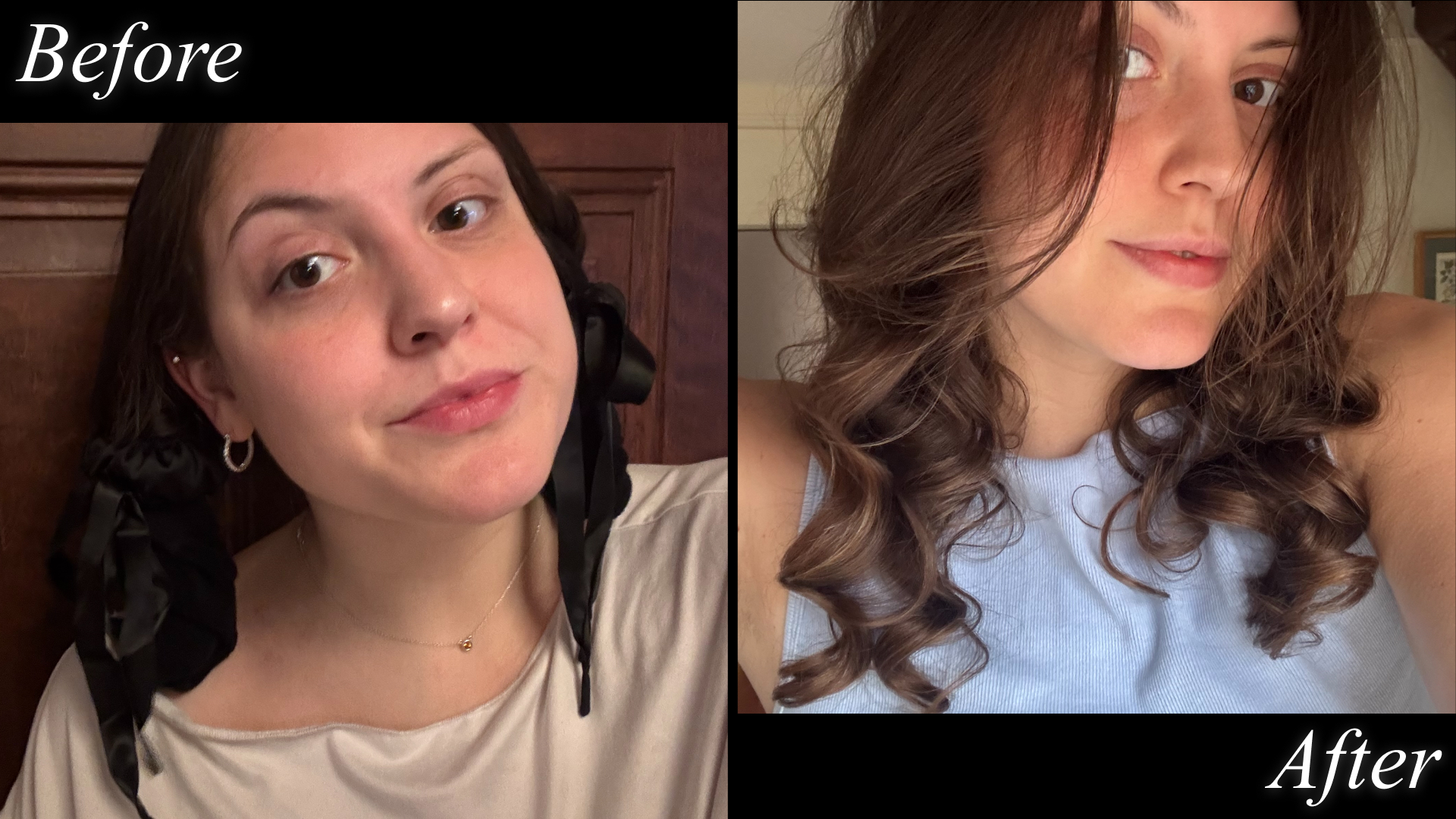 Sophia Vilensky before (during) and after testing one of the best heatless curlers.