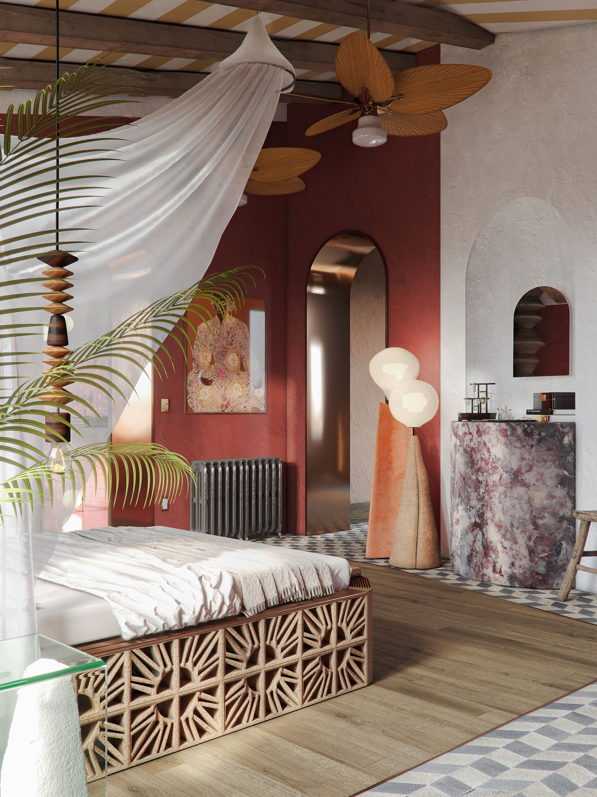 A bedroom with a carved bed, a bed curtain and oversized floor lamps