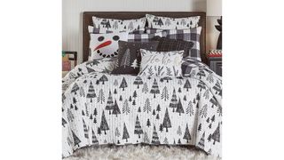 A black and white tree design Christmas bedding set.