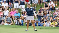 Lizette Salas celebrates the winning putt at the 2017 Solheim Cup