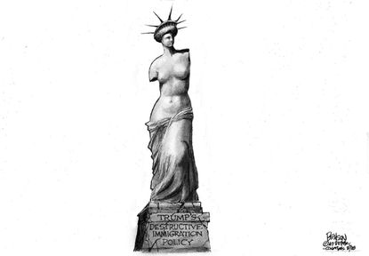 Political cartoon U.S. Trump immigration policy destructive Statue of Liberty