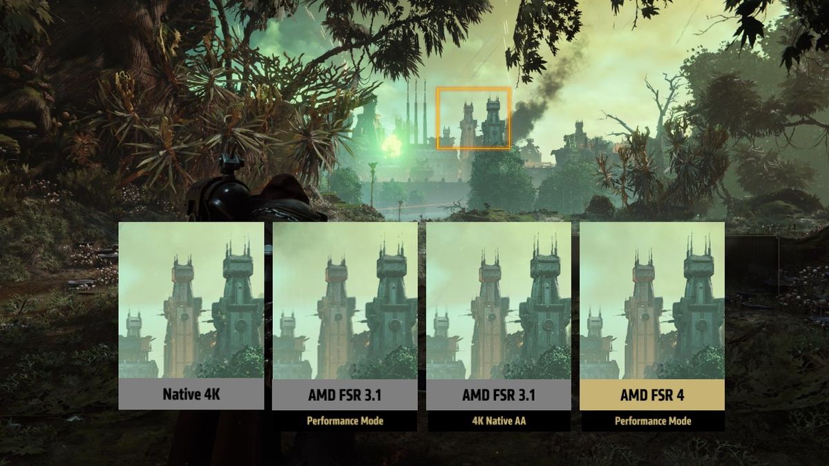 Slides showing FSR 4&#039;s implementation in Space Marine 2 compared to previous versions