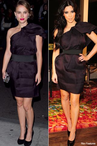 Who wore it best? Natalie Portman vs. Kim Kardashian - style, snap, matching, same, dress, lanvin, h&m, celebrity, fashion, Marie Claire