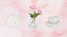 Three Amazon home decor buys on a pink marble background