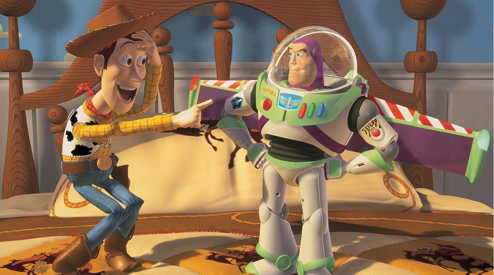 Woody mocks Buzz Lightyear on Andy's bed in Toy Story 1