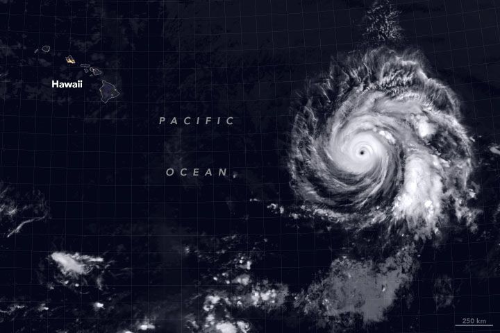 This satellite image of Hurricane Douglas was captured by the Moderate Resolution Imaging Spectroradiometer (MODIS) instrument on NASA&rsquo;s Terra satellite on July 23, 2020, at approximately 9:45 p.m. Hawaiian Standard Time.