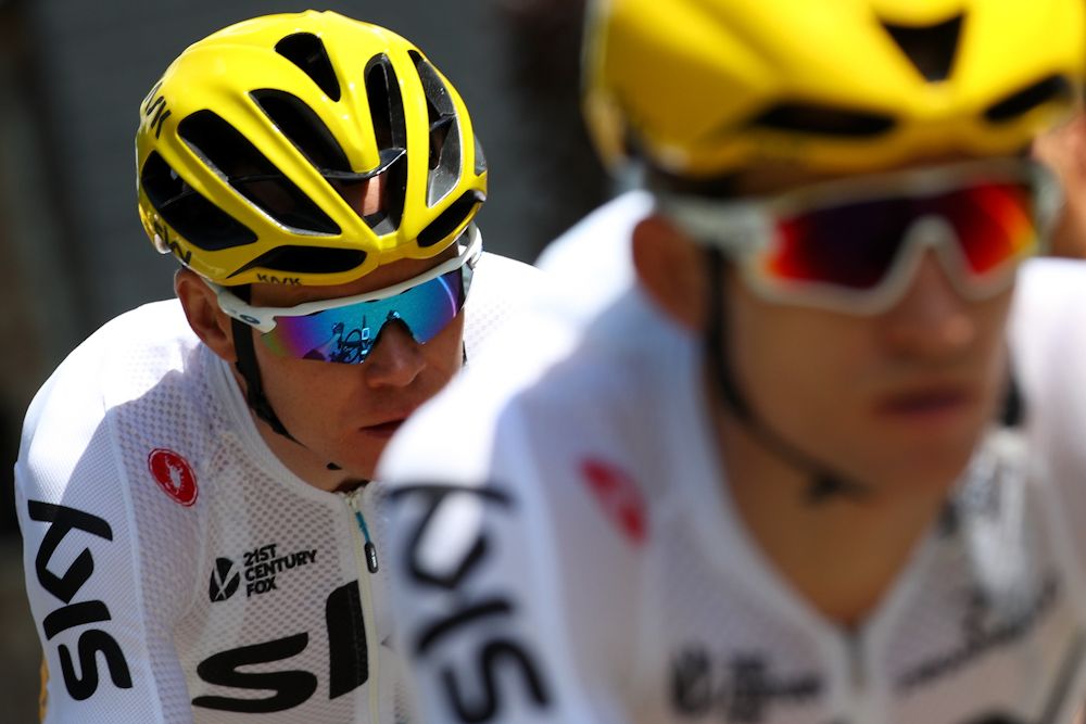 Chris Froome's Team Sky leads the peloton rides towards Raidillon Eau Rouge on Circuit de Spa-Francorchamps during stage three of the 2017 Le Tour de France