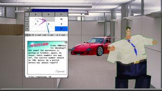 A spreadsheet hovers in the foreground while a blocky businessman dances in front of a sports car.