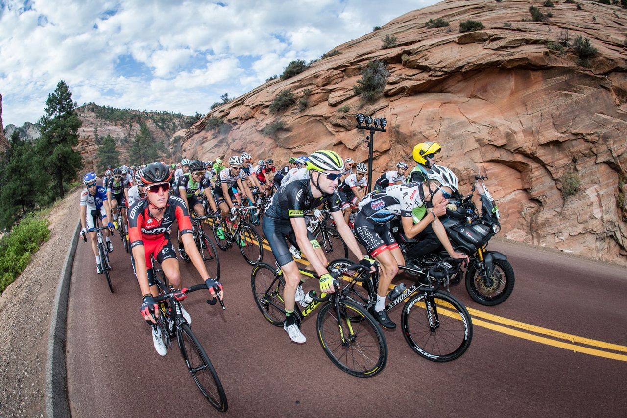 The peloton rides together through Zion