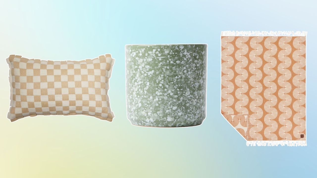 Nordstrom Winter Sale home decor picks including a checkered pillow, a splattered planter, and a throw blanket on a green ombre background