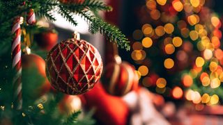 Close up of glittery decoration on Christmas tree