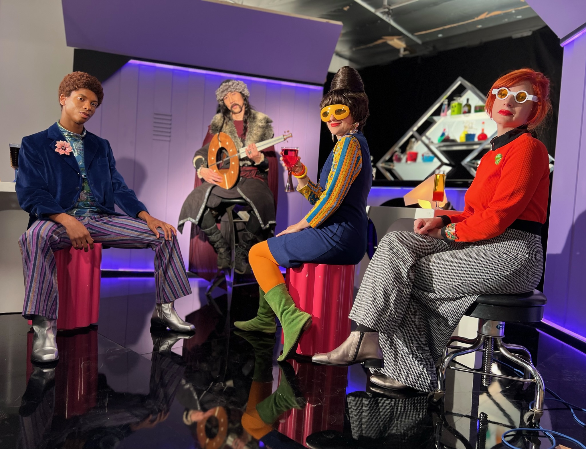 Blippo+; Werf’s Tavern actors Tajzon James, Michael Hsiung, Erica Magrey and Stephi Duckula pose during a shooting break at Telefantasy Studios.