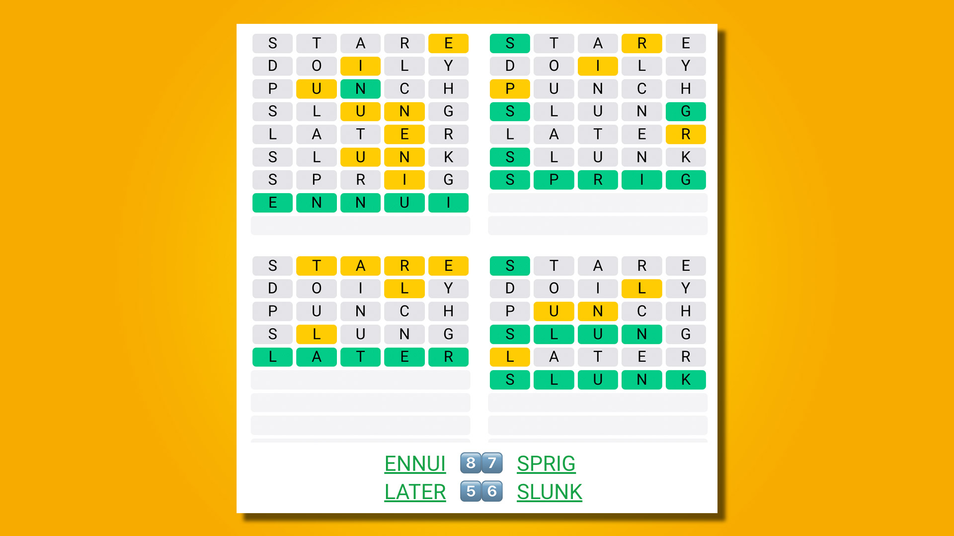 Quordle answers for game 479 on a yellow background