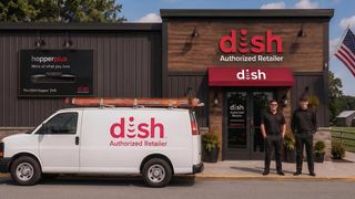 A Dish authorized store with a branded van parked outside