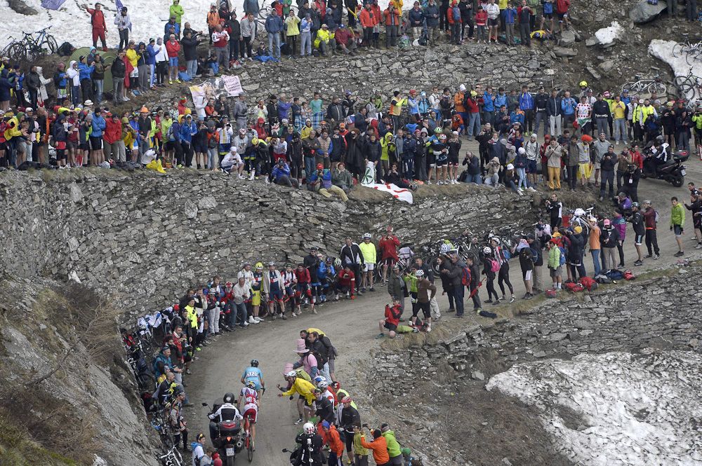 Crowds line the roads on the climb to Sestriere.