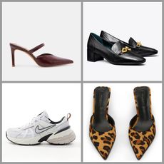 product collage of nike v2k sneakers, dolce vita kanika heels, Tony Bianco Vampire Leopard Heels, Tory Burch Jessa Heeled Loafers