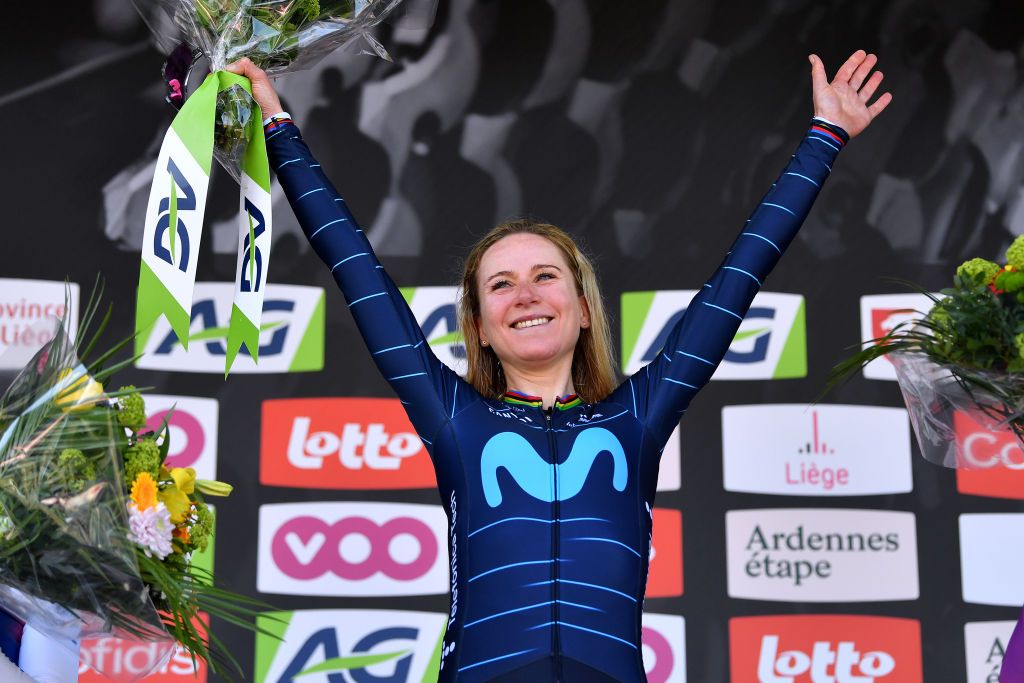 LIEGE BELGIUM APRIL 24 Annemiek Van Vleuten of Netherlands and Movistar Team Women celebrates at podium as race winner during the 6th Liege Bastogne Liege 2022 Femmes a 1421km one day race from Bastogne to Lige LBL LBLwomen UCIWWT on April 24 2022 in Liege Belgium Photo by Luc ClaessenGetty Images