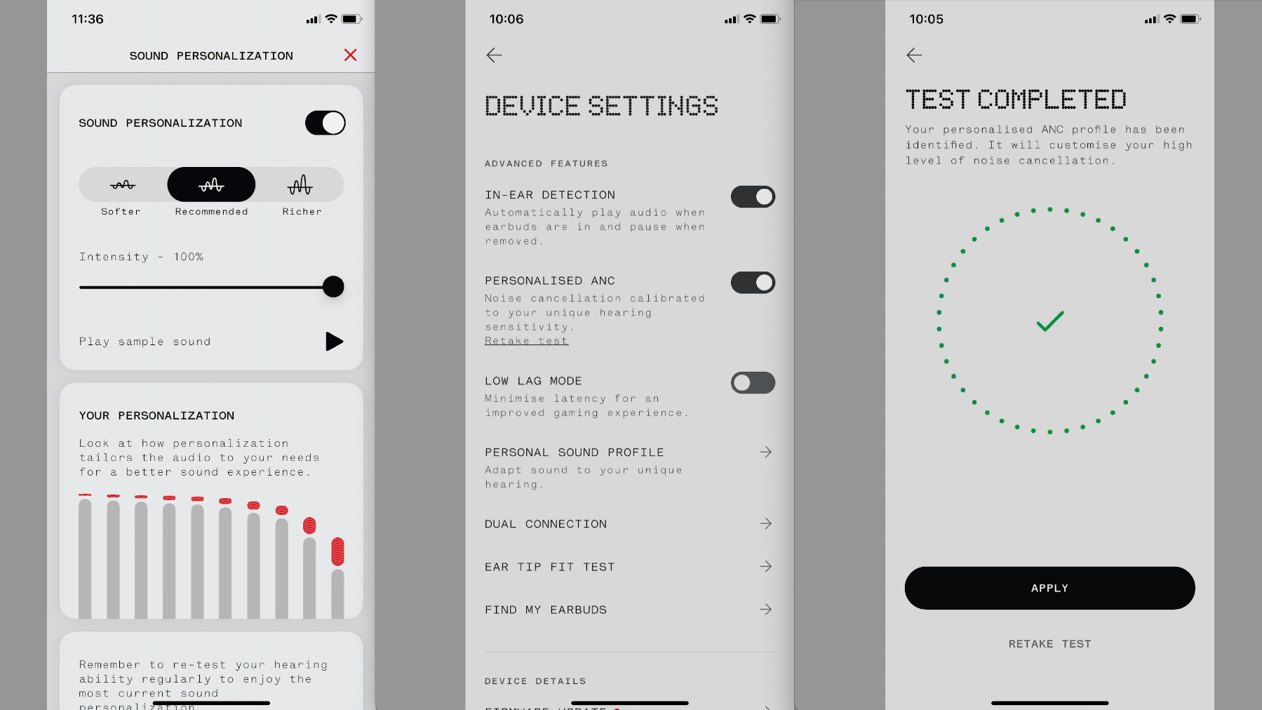 Nothing Ear (2) screenshots of the Nothing X App, involving personal sound profiles