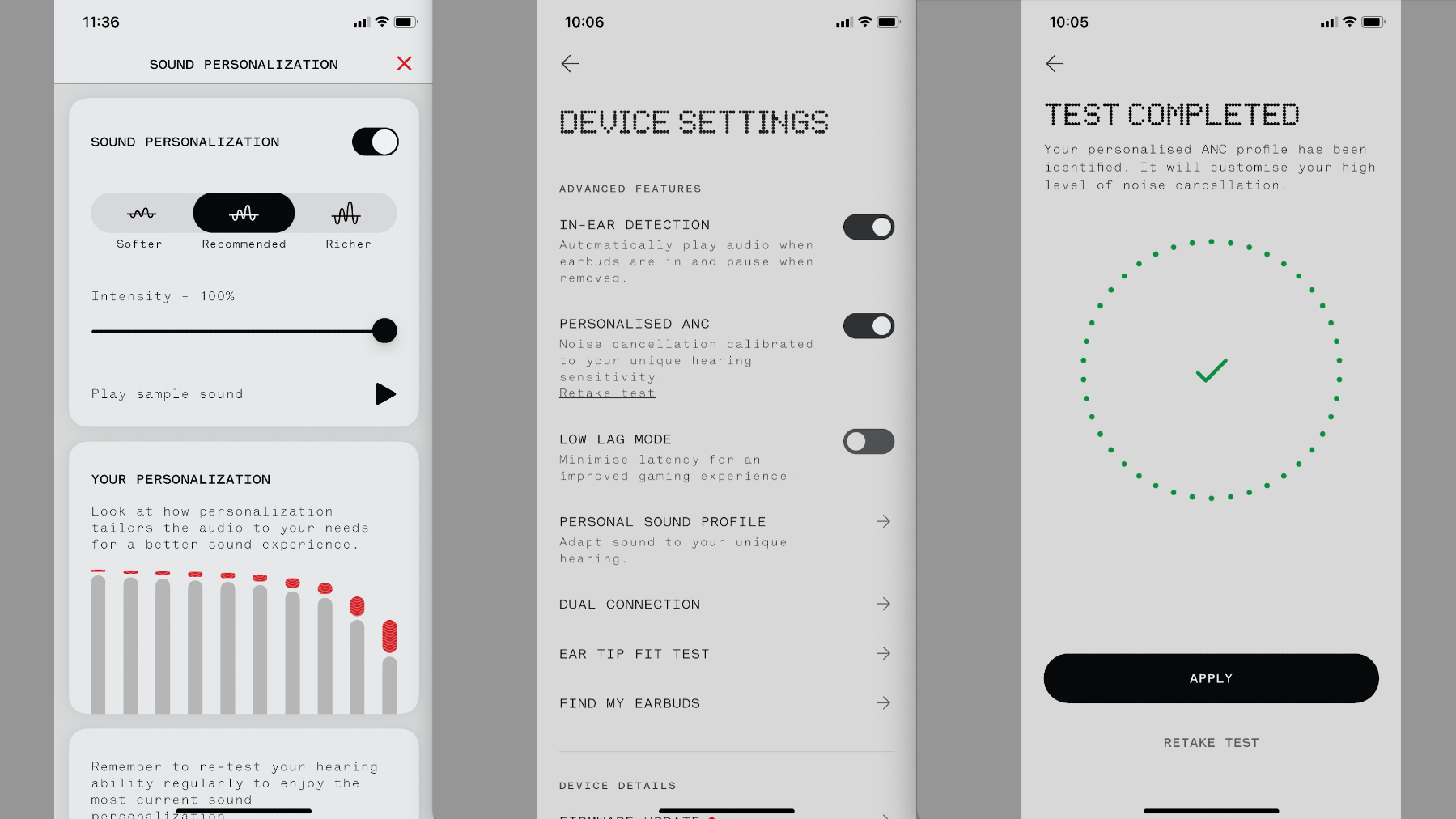 Nothing Ear (2) Screenshots der Nothing X App mit persönlichen Soundprofilen