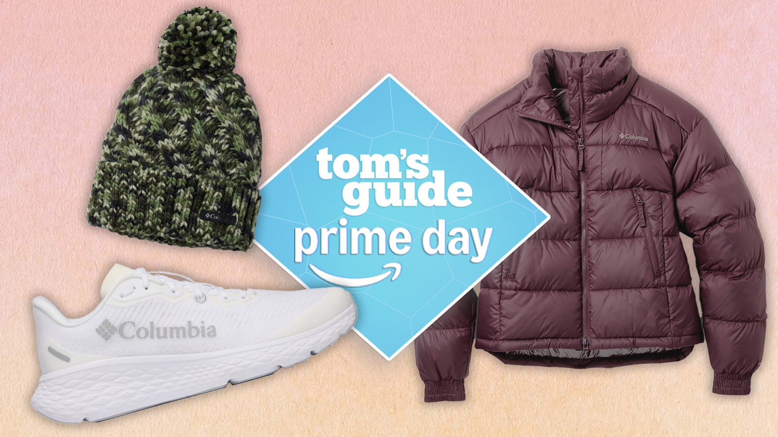 a composite image of columbia apparel with a puffer jacket, running shoe, and beanie hat, and a blue tom&#039;s guide prime day badge on a peach background