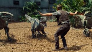 Chris Pratt and raptors in Jurassic World