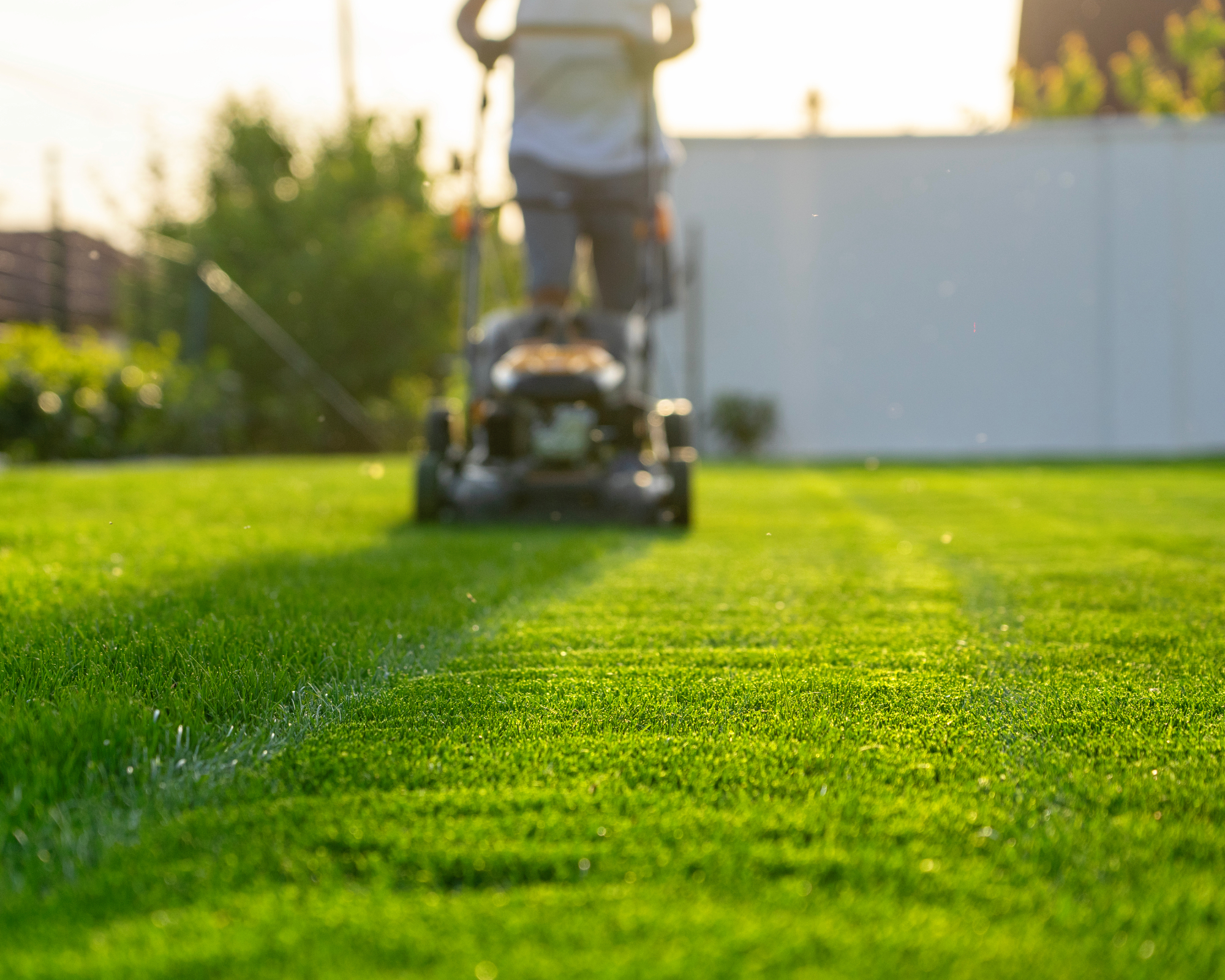 person mowing lush, green lawn with very healthy, dense grass growth