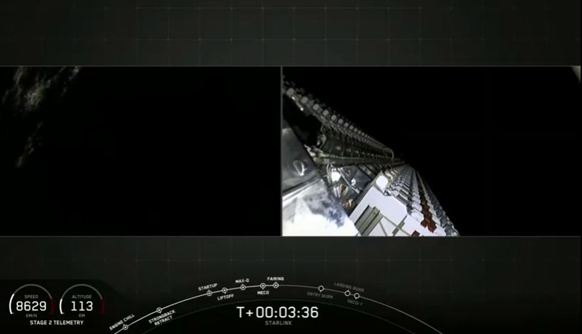 SpaceX's first operational Starlink satellites are seen in space for the first time after Falcon 9 payload fairing jettison following launch on May 23, 2019.