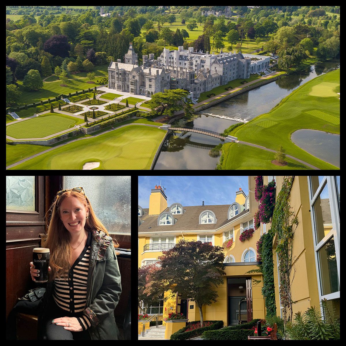 An aerial photo of Adare Manor; Kristin Contino holding a Guinness; the exterior of the Killarney Park hotel with a tree and flowers