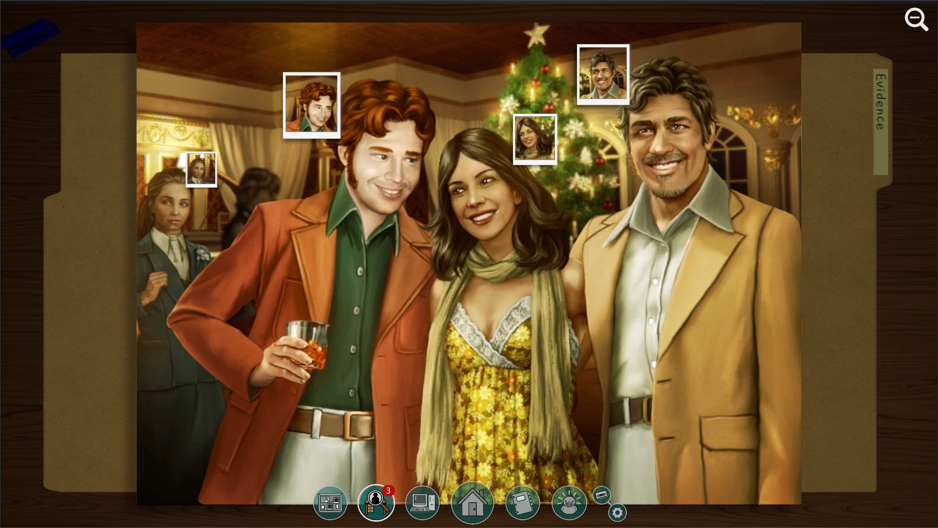 Photo from Roottree family christmas party, showing two men in suits on either side of woman in dress, woman in background, with picture in picture close ups of each person's head