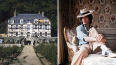 a split screen image with la fourchette mick jagger's french castle on the left and a picture of young mick jagger at a chateau in vienna on the right