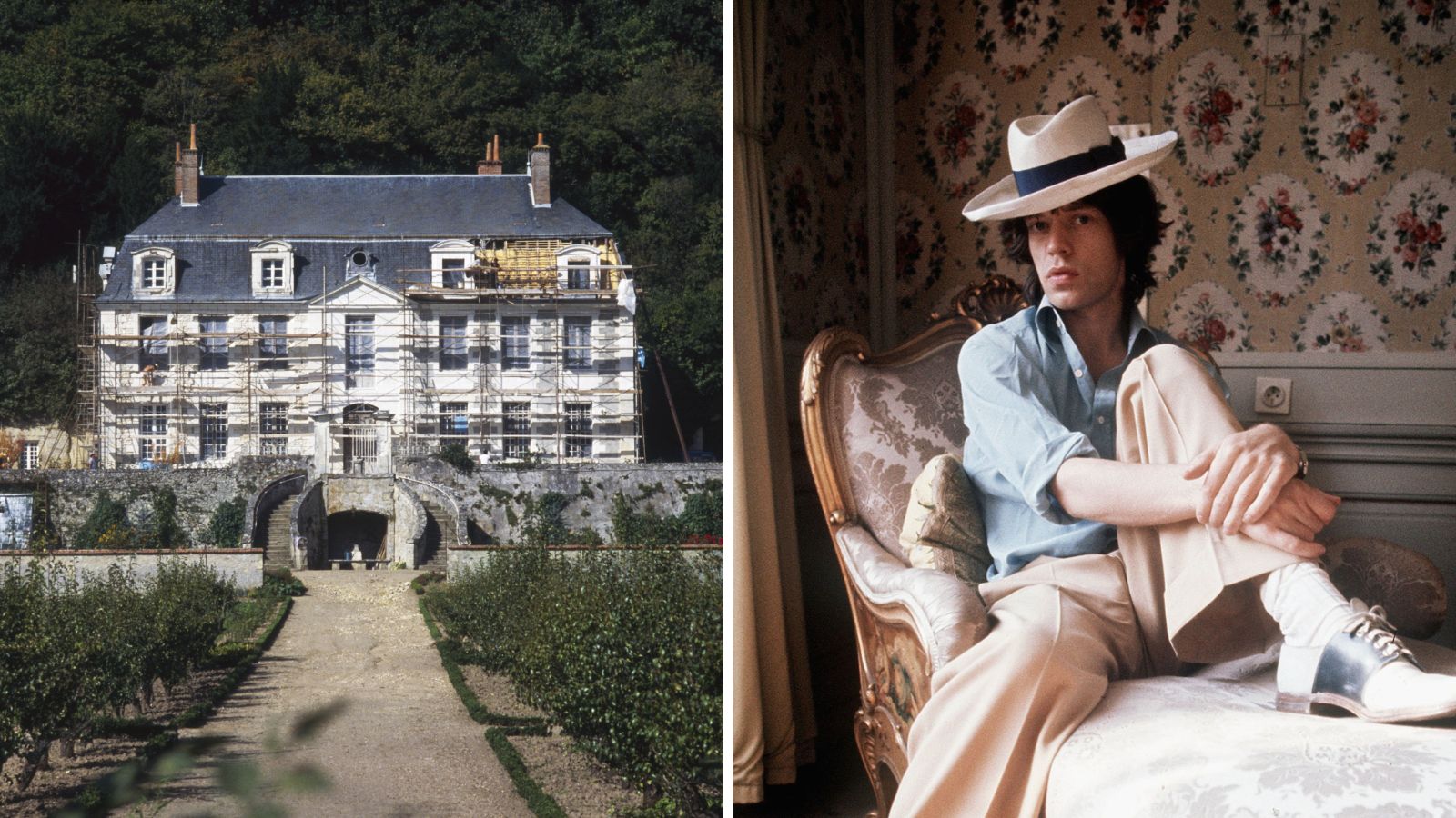 a split screen image with la fourchette mick jagger's french castle on the left and a picture of young mick jagger at a chateau in vienna on the right