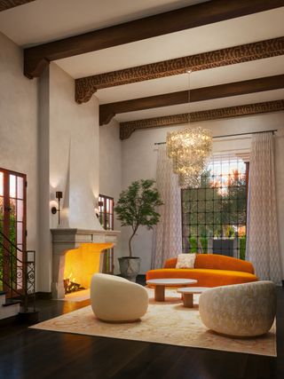 A design lounge featuring retro-futuristic furniture such as couches, rugs, and Murano glass lamps in a warmly lit room.