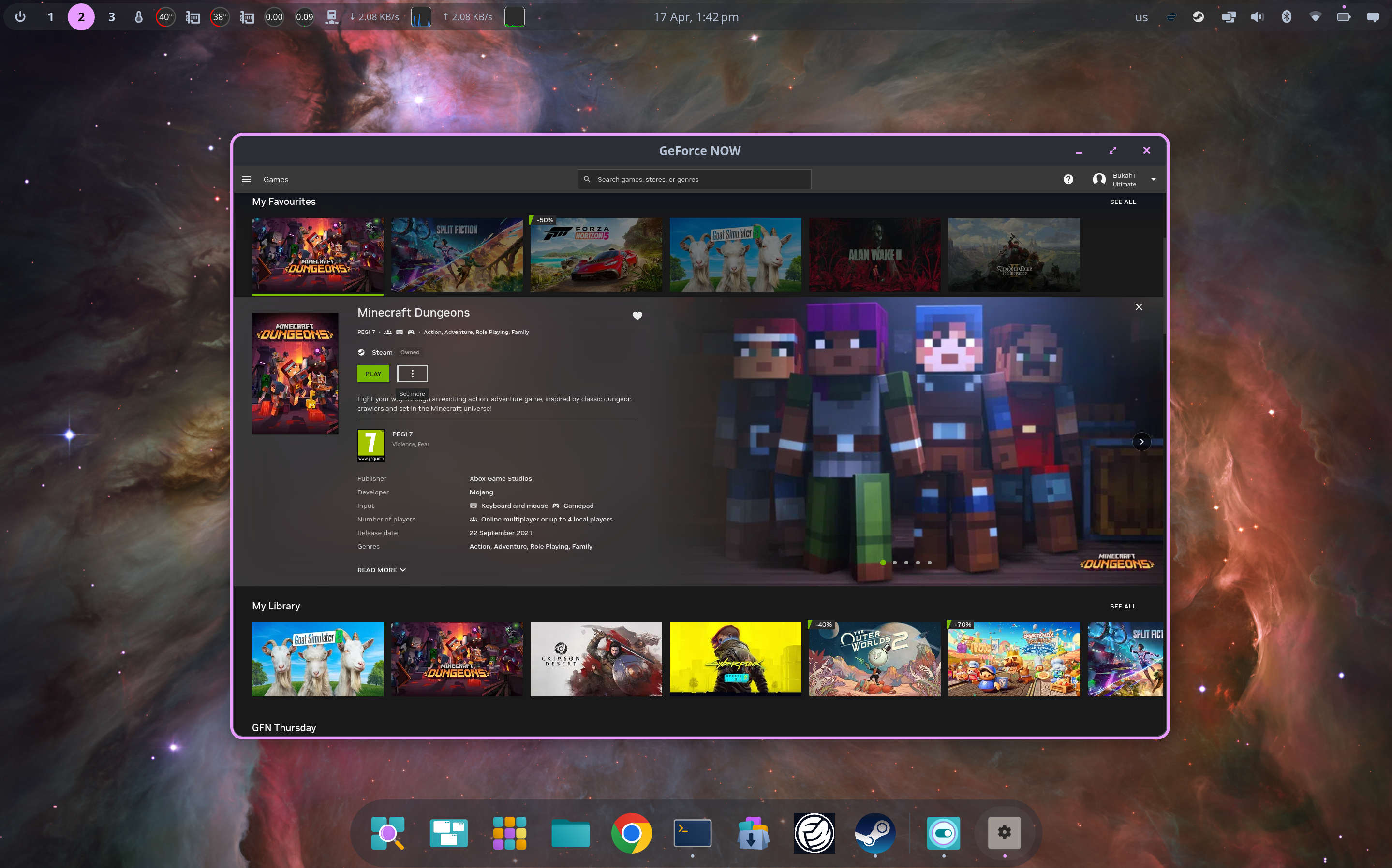 GeForce Now application on a PopOS Linux desktop